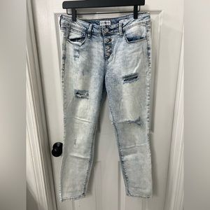 Acid Wash Distressed Skinny Jeans with Button Fly